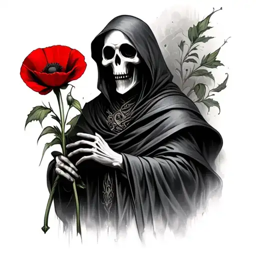 Covered Black And Grey Grim Reaper Holding Red Poppy Flower
