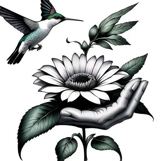 A Hand Holding A Flower With A Hummingbird Hovering Near The Flower
