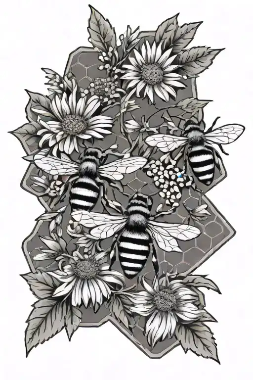 Bees And Daisies And Honeycomb Fine Line