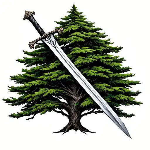 Evergreen Tree With A Sword Wrapped