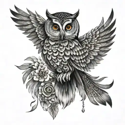 A Black And Grey Owl Tattoo With Intricate Jewelry-like Details Embedded In The Feathers