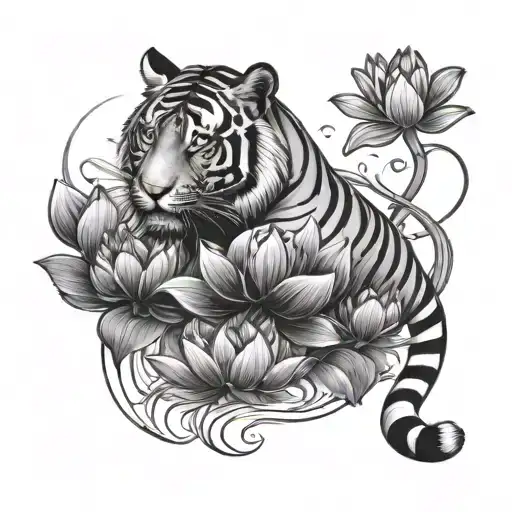 Tiger Swimming In Water With Lotus