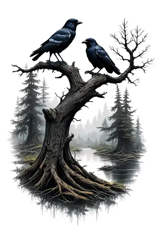 Forest Landscape With 2 Crows