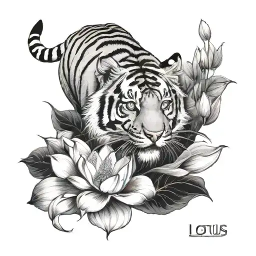 Tiger Looking Up At Lotus