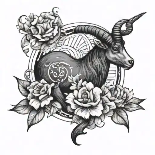 Fineline Capricorn Glyph Sign With Flowers