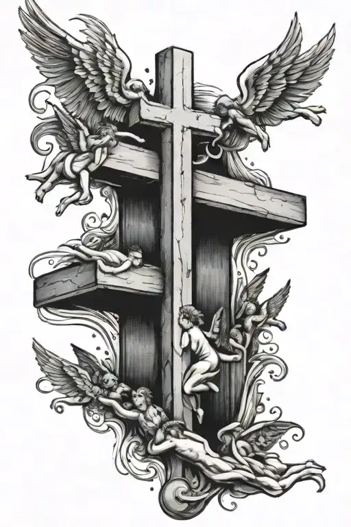 A Black-grey Tattoo Of A Swimming Pool Shaped Like A Cross With Baby Angels Diving In