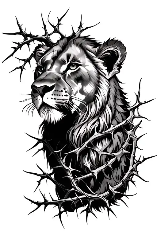 Lioness Surrounded By Thorny Vines Wrapped