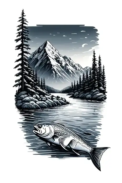 Mountains And River And Scandinavian Style And Fish And Ski