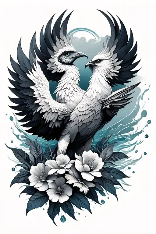 Phoenix And Flowers And Water