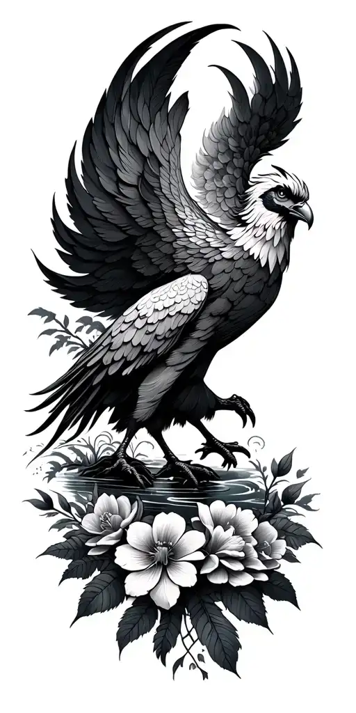 Phoenix Bird With River And Flowers And Leaves