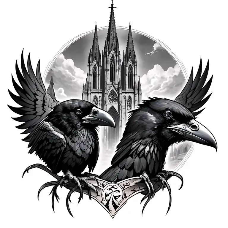 Two Raven Heads On Each Shoulder With A Gothic Cathedral For The Rest