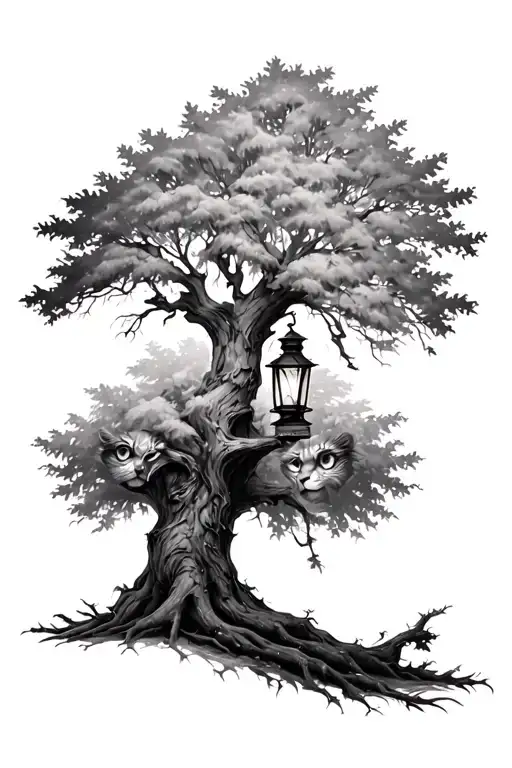 I Want A Black And White Oak Tree Mixed With A Lantern And A Pair Of Lion Eyes
