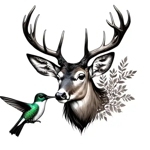 Deer Head With Hummingbird Between Antlers Intertwined