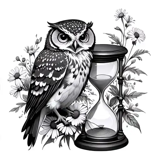 Owl Perched On An Hourglass With Wildflowers Growing