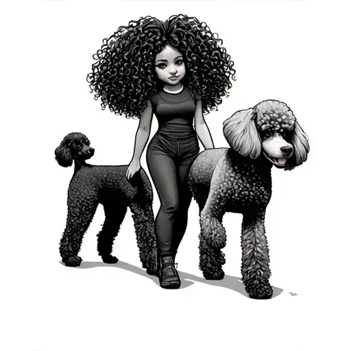 Fine Line Tall Curly Hair Female Walking Two Standard Poodles