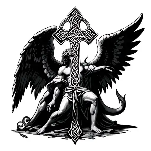 Celtic Cross With A Angel Under It Stepping On The Devil