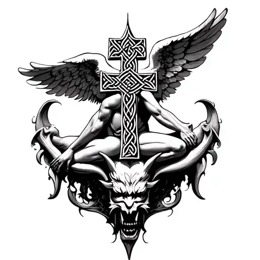 Celtic Cross With An Angel Under It Stepping On The Devil Throat