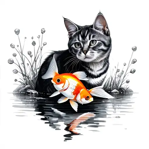 A Gray Cat With A Goldfish In The Area