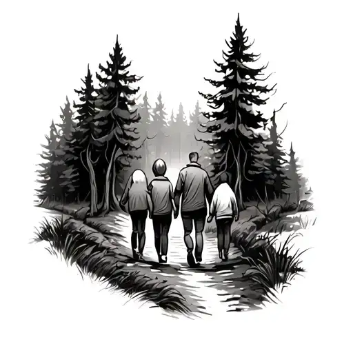 Family Of 4 Walking Through Trail In The Woods Surrounded
