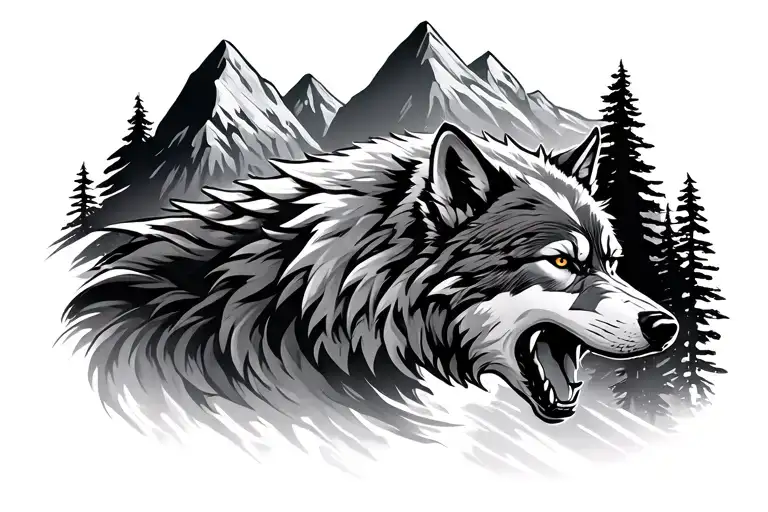 Growling Wolf And Mountains