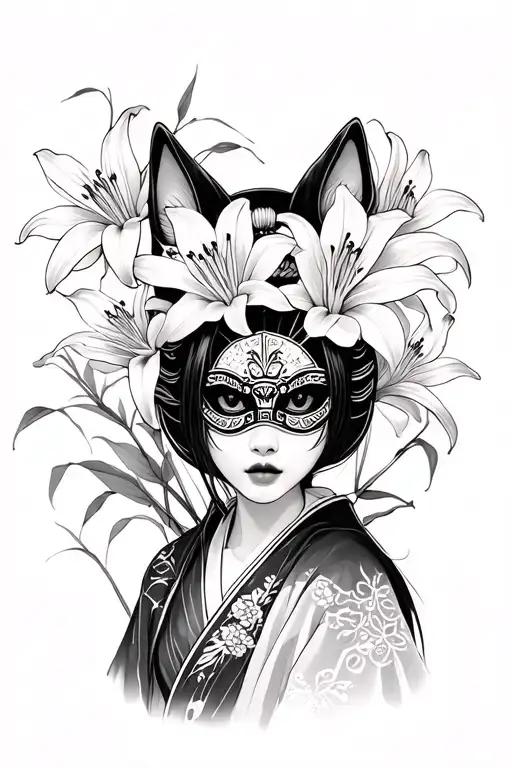 Spider Lily Flowers With Kitsune Mask And Japanese Lady