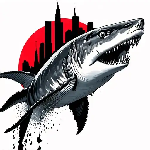 Whaleshark Carrying City Skyline With Red Grundge Sun