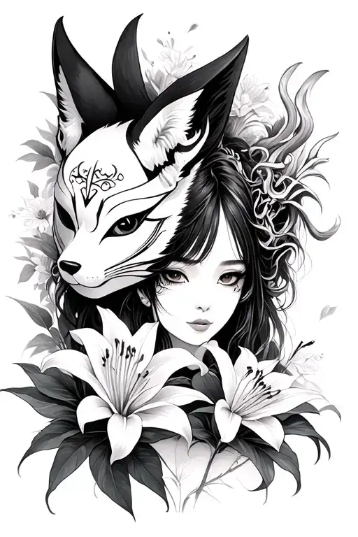 Spider Lily Flowers With Kitsune Mask And Japanese Lady With Oni Mask