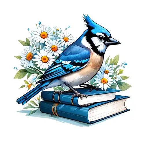 Blue Jay With Daisies And Books
