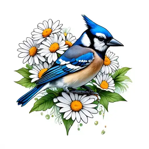 Daisies And Blue Jay Bird
