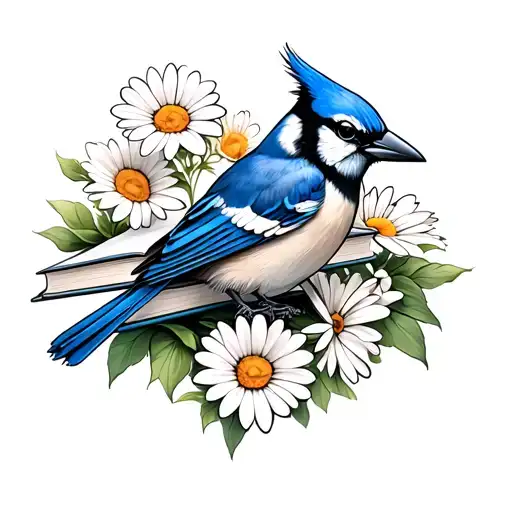 Daisies Surrounding Books With Blue Jay Bird