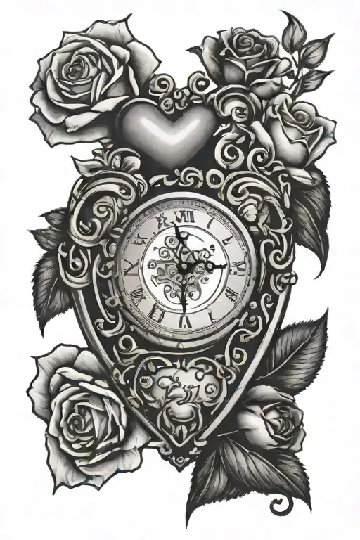 Heart Clock Locket Neck Tattoo Rose