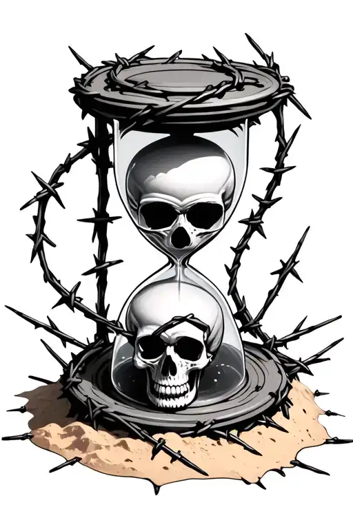Hourglass With Skull In The Bottom Half In Sand Wrapped In Barbed Wire