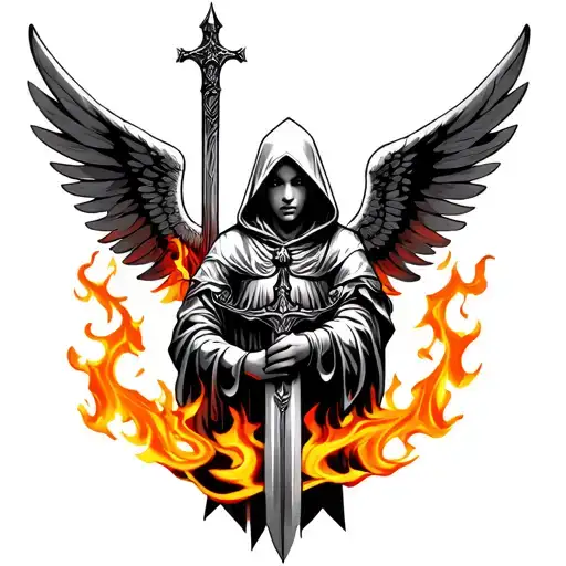 Hooded Angel Holding Sword Surrounded By Flames