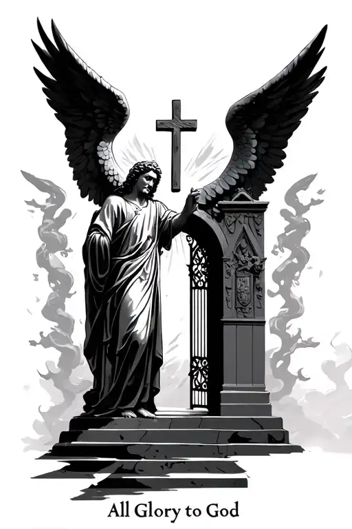 Micheal The Arc Angel And Cross And The Gates To Heaven With The Words All Glory To God