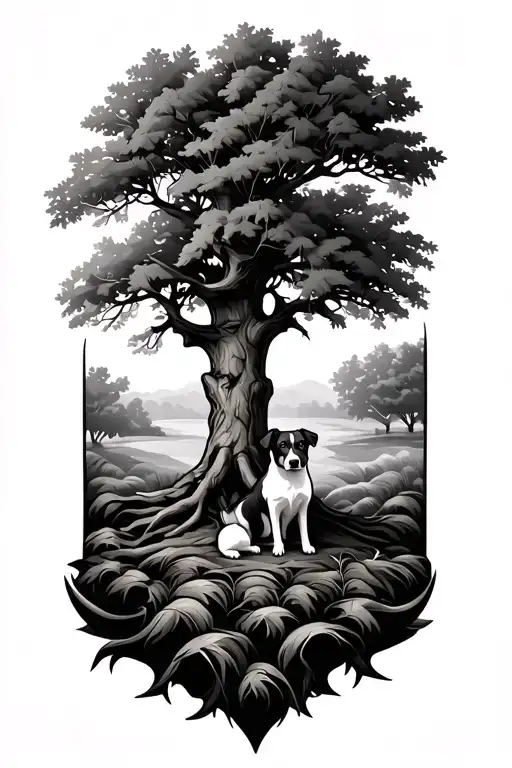 Oak Tree With A Dog Sitting Under It