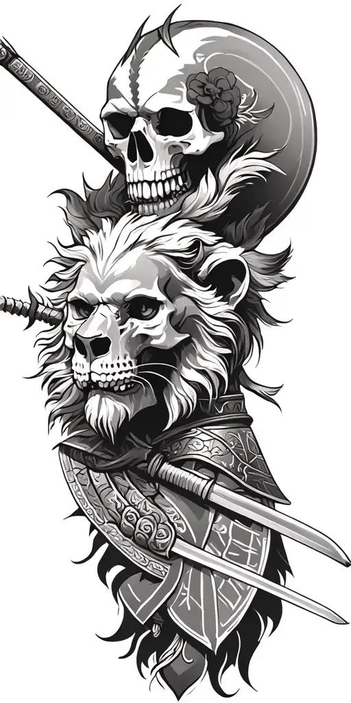 Skull Lion And Samurai Warrior