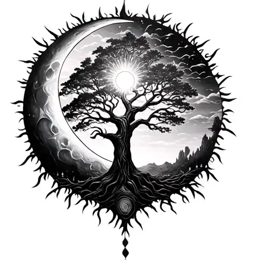 An Image Of The Tree Of Life With A Large Crescent Moon Behind It And A Sun Shining Down