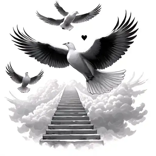 4 Doves Flying In Clouds With Steps Leading To Heaven With 2 Dates For Each Dove