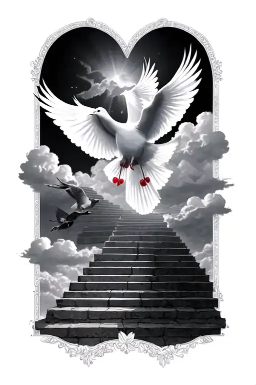 4 Doves Flying In Clouds With Steps Leading To Heaven With 2 Dates For Each Dove