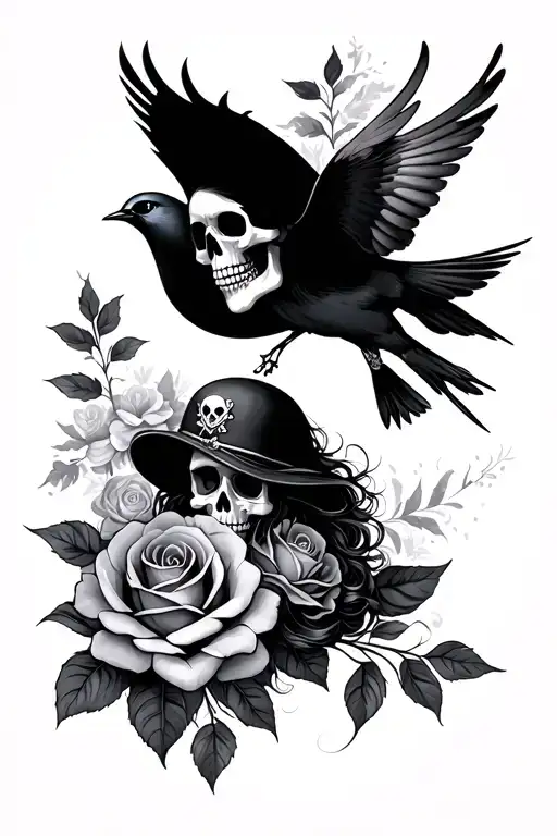 Skull Roses Pirate Woman Flower Bird Flying