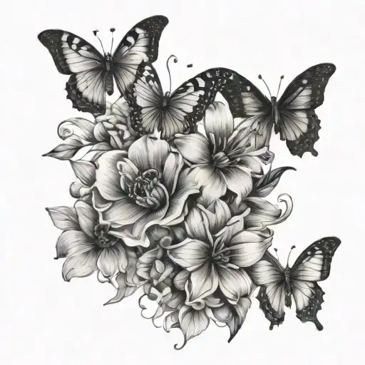 Three Flowers And Two Butterflies Linear