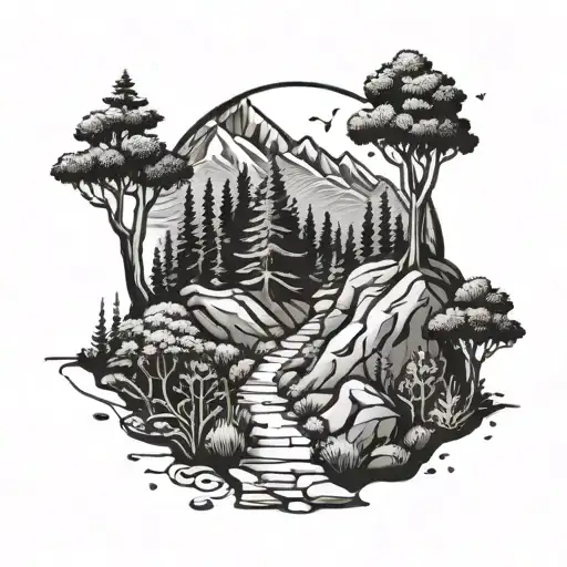 A Hiking Trail Winding Through A Forest Scene With Hidden Engineering Symbols