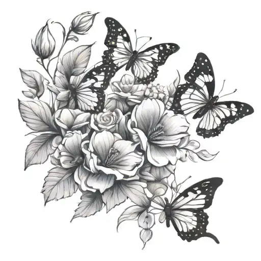 Three Flowers And Two Butterflies Simple