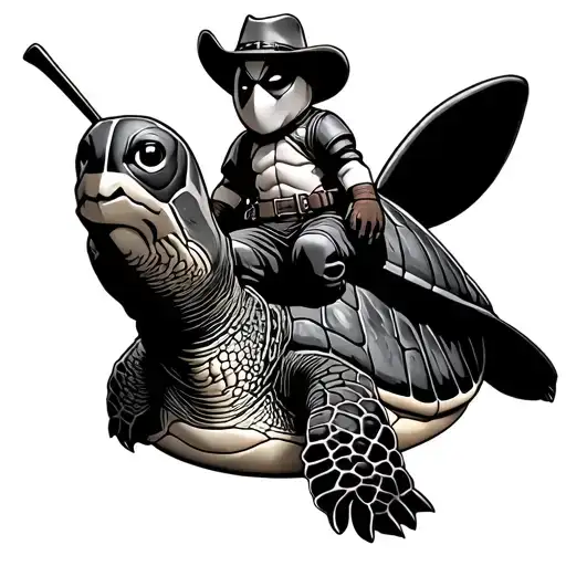 Baby Deadpool With A Cowboy Hat On Riding A Sea Turtle