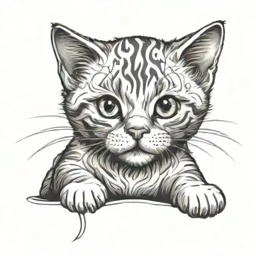 A Cute Playing Cat In Graphic Black And White Style