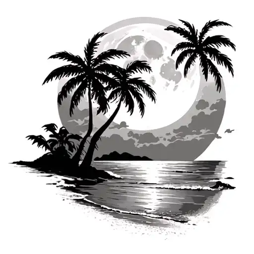 Night Beach Scene With Palm Trees And A Full Moon