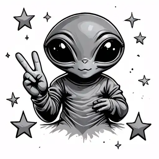 A Cute Alien Holding A Peace Sign In Stars