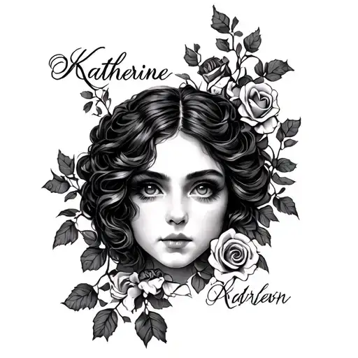Katherine In Cursive With Set Of Her Eyes Above It With Vines And Roses Around