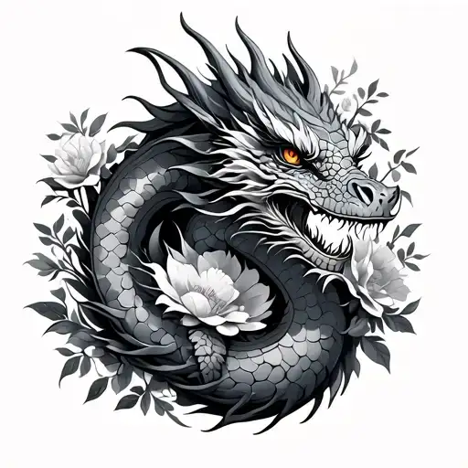 Dragon Wrapped With Flowers Around It