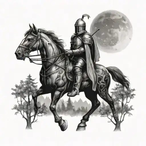 Knight Walking Through The Woods At Night With Moon And Stars